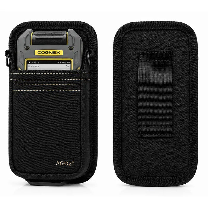 Black Cognex barcode reader holster front and back views showing Cognex device fit, front pouch, and rear belt clip.
