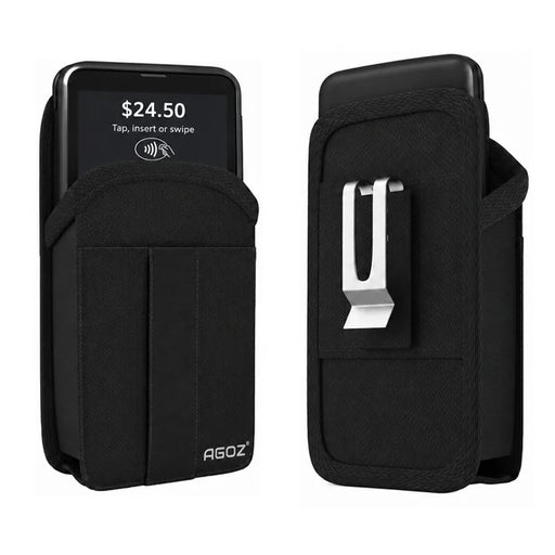 Black Agoz heavy-duty holster for Dejavoo handheld POS terminal shown from the front and back, featuring a fitted pouch design and silver metal belt clip.