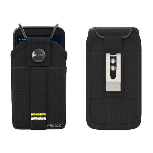 Agoz rugged Dejavoo QD3 mPOS case shown from front and rear, featuring a secure snap closure, black protective fabric, silver metal belt clip, and belt loops.