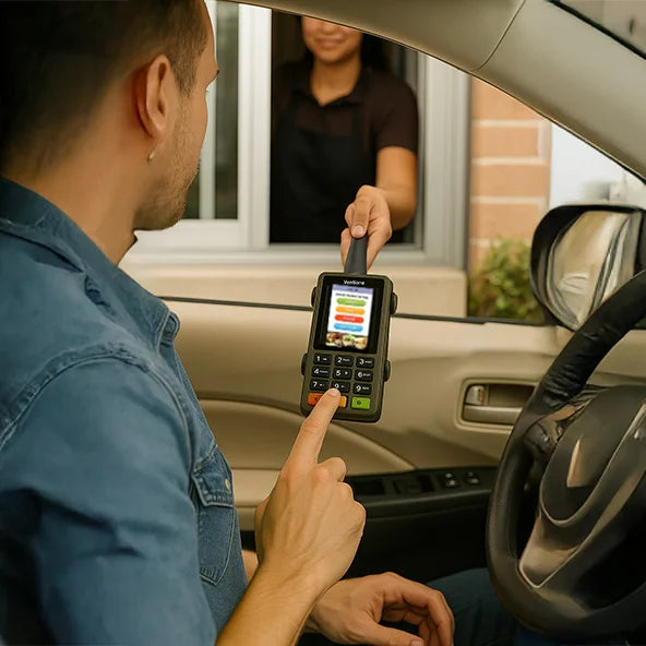 Adyen payment terminal used with AgozTech drive thru handheld mount at customer vehicle window