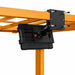 Rear mounting view of AgozTech tablet forklift holder with bracket plate, arm, and hardware on forklift frame