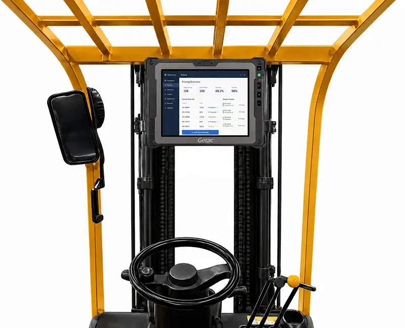 AgozTech forklift tablet mount holder with Getac tablet installed for warehouse picking and inventory workflows