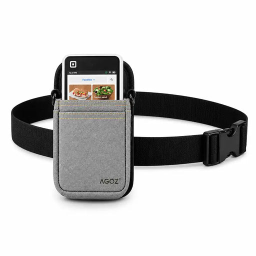 Agoz gray Square POS terminal carrying holster with black adjustable waist belt, secure device pocket, and quick-release buckle.