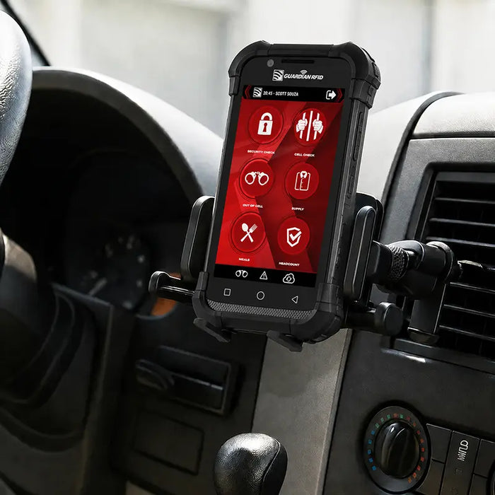 Guardian RFID Spartan 3 mounted in an air vent vehicle cradle holder inside a vehicle dashboard setup