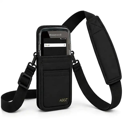 Black Honeywell shoulder sling holster with Honeywell handheld computer seated in pouch and adjustable crossbody strap.