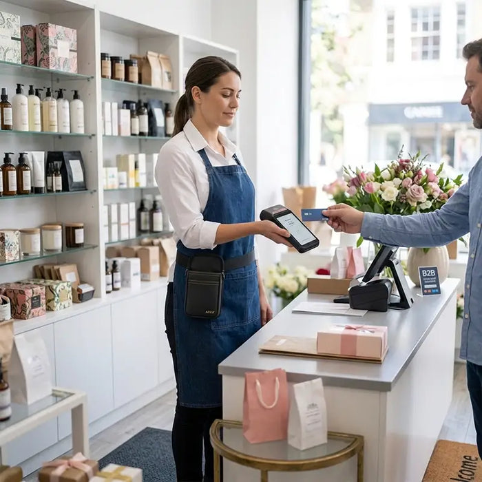 Retail employee using an Ingenico POS payment terminal while wearing an Agoz waist belt holster during customer checkout.