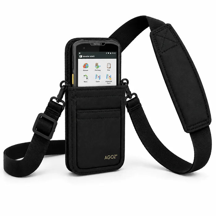 Black AgozTech shoulder sling holster with Newland mobile computer seated in the front pouch and adjustable crossbody strap.