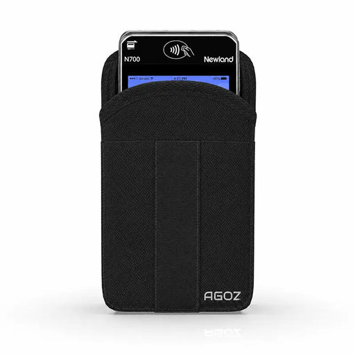 Newland POS terminal seated in an AgozTech black canvas case with front pocket for service team carry.