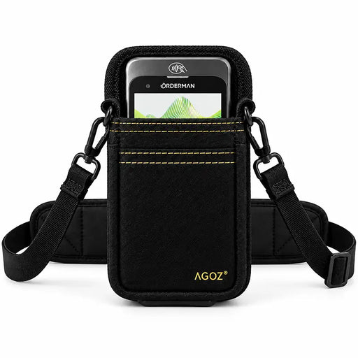 Black Agoz rugged Orderman POS holster with adjustable crossbody sling, padded shoulder strap, and front storage pocket holding an Orderman payment terminal.