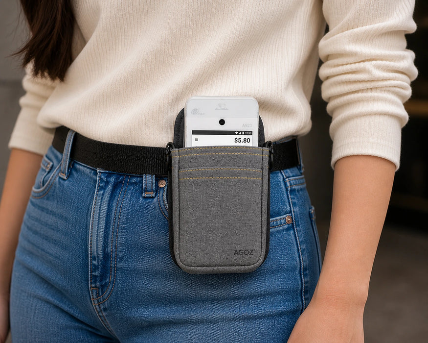 PAX POS Handheld belt waist case holster gray closeup jeans