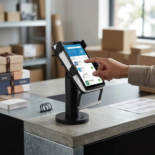 Hand interacting with PAX A800 payment terminal on AGOZ countertop stand at checkout counter