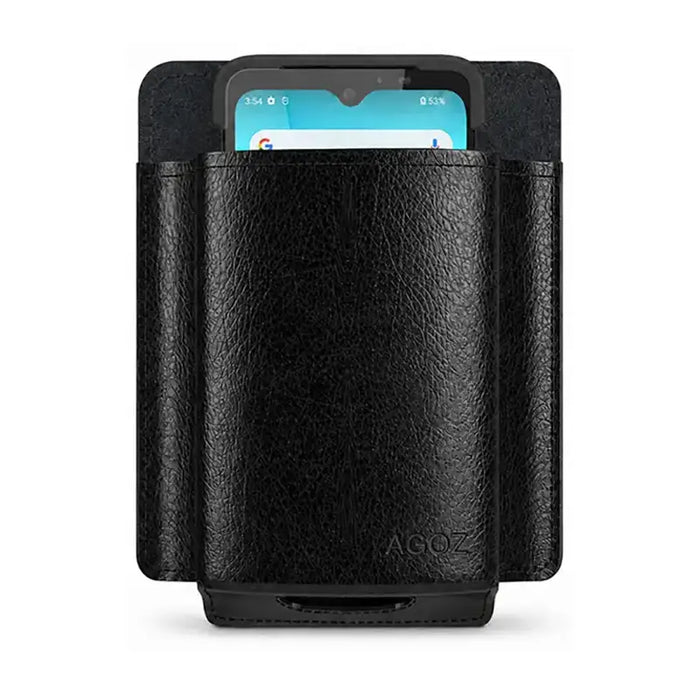 Front studio view of the leather Unitech handheld scanner case with device inserted on a light gray background.