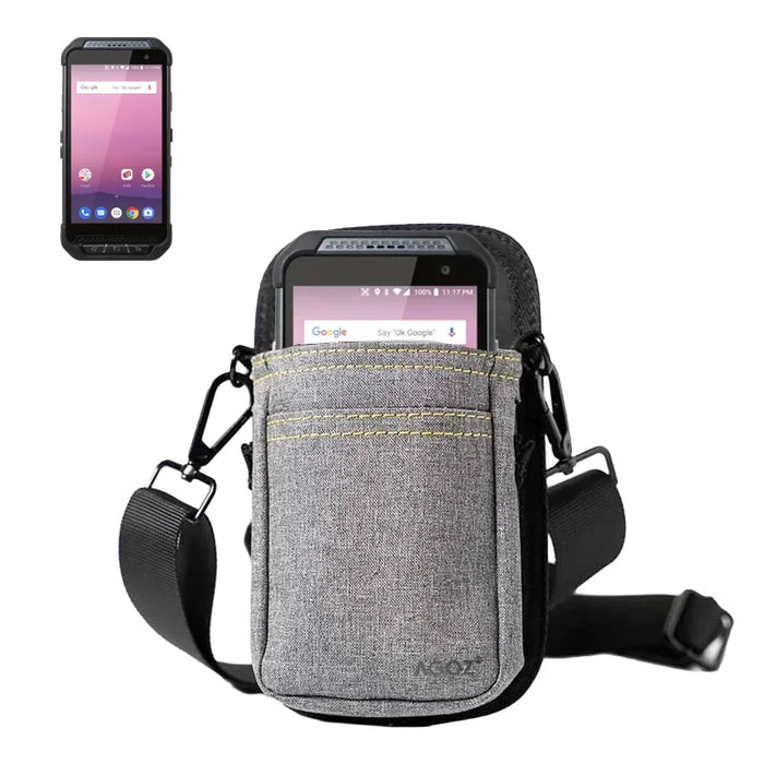 Point Mobile handheld scanner in gray AgozTech crossbody holster with shoulder sling