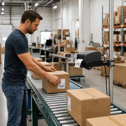 Warehouse employee labeling cartons beside a Zebra printer mounted at a conveyor packing station.
