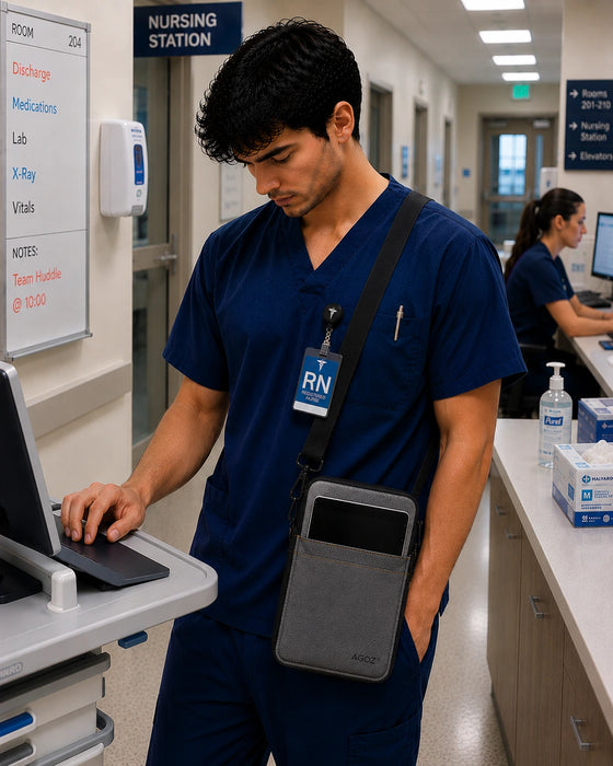 Nurse using a computer in a hospital setting with Rhino tablet case