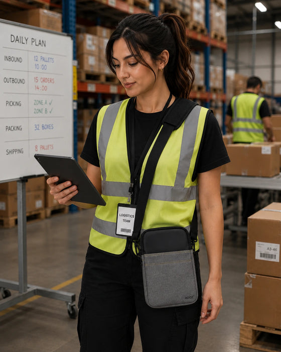 Person in a warehouse wearing a Rhino tablet case.