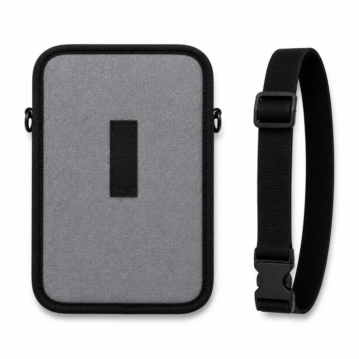 Gray Rhino tablet pouch with a black strap on a white background