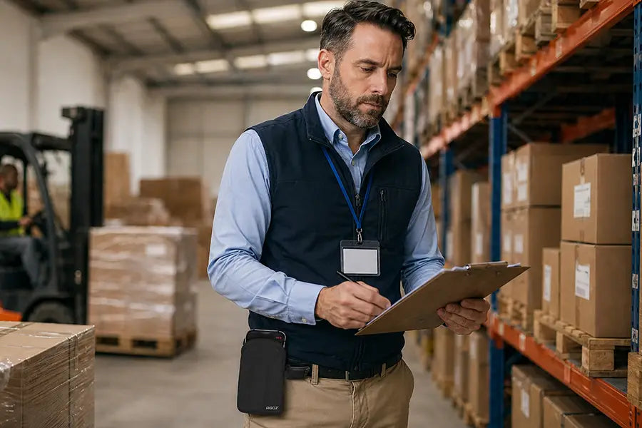 Logistics manager wearing an AgozTech black canvas Cisco IP phone case while reviewing inventory in a warehouse.