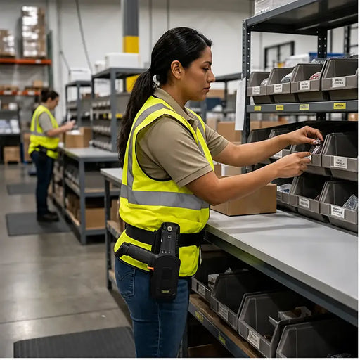 Warehouse worker wearing an AgozTech belt case with handheld scanner while organizing labeled parts bins at an industrial workstation.