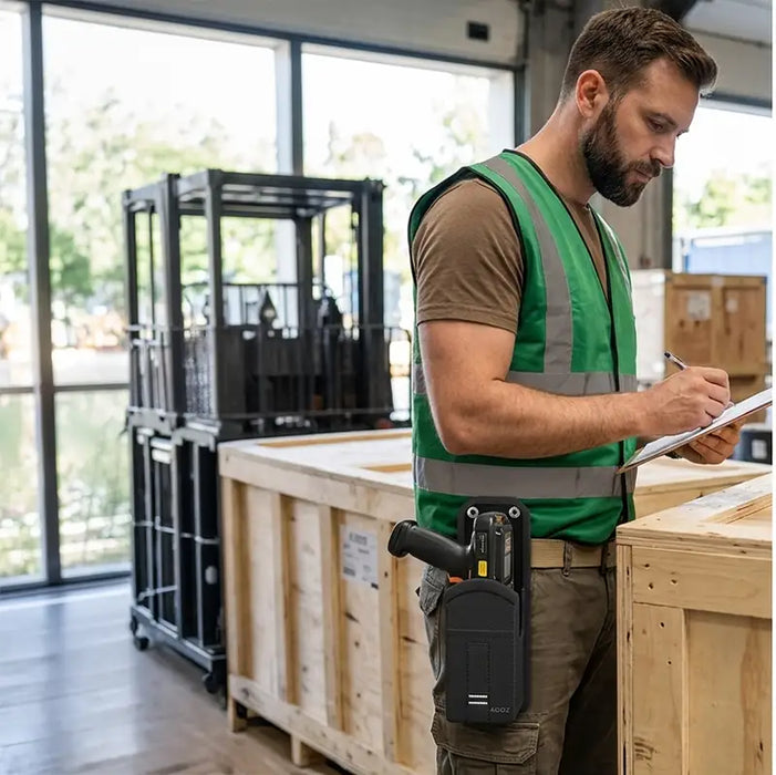 Worker wearing an Agoz belt-mounted scanner holster records crate information on a clipboard while carrying a trigger-handle scanner at a loading dock workstation.