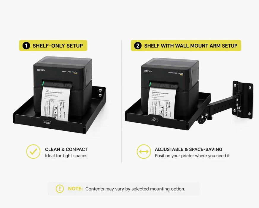AgozTech Seiko printer wall mount shelf shown in shelf-only and swing arm setup options