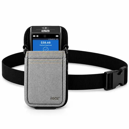 Gray Agoz Shift4 SkyTab POS holster with adjustable black nylon waist belt, buckle closure, and payment terminal displaying an approved transaction.