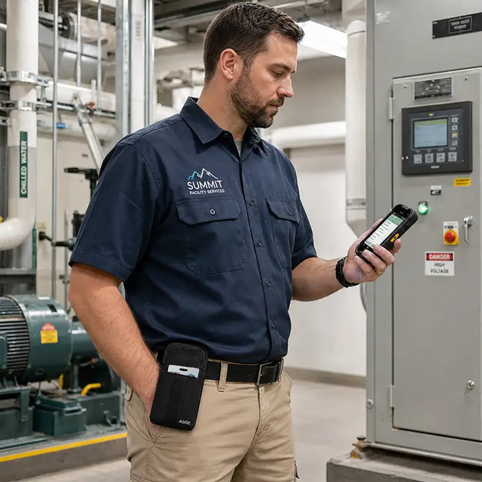 Facility technician wearing an Agoz Sonim case with an employee ID card while checking a rugged mobile device near industrial equipment.
