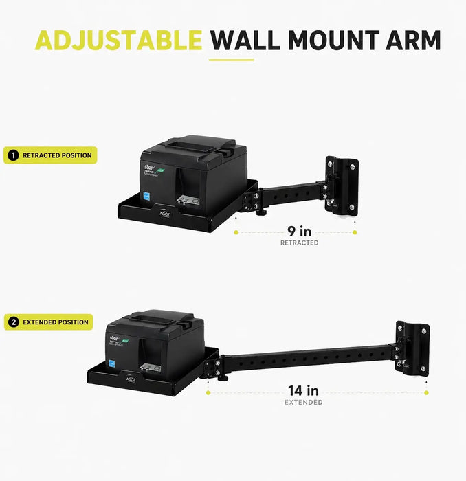 AgozTech adjustable wall mount arm for Star Micronics printer shelf shown retracted and extended