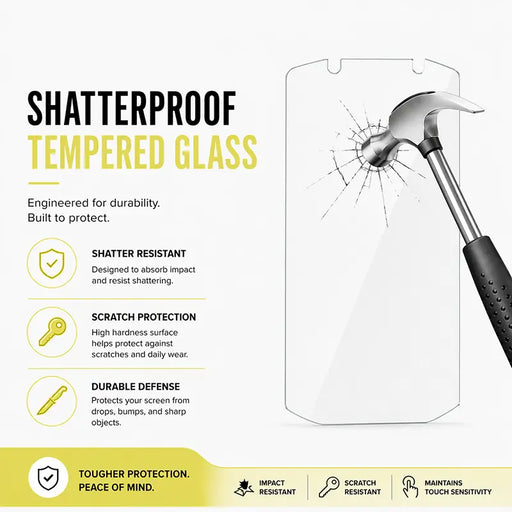 Infographic showing shatterproof tempered glass protection for Zebra TC70 / TC72 / TC75 rugged mobile computers