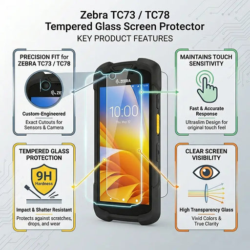 Infographic showing key features of the Zebra TC73 / TC78 tempered glass screen protector, including precision fit, touch sensitivity, and clear visibility