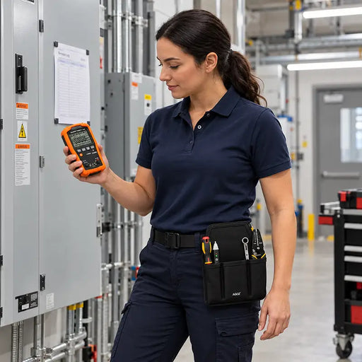 Electrical technician checking a Klein Tools digital multimeter while wearing an Agoz utility tool pouch stocked with testing tools at an industrial facility.