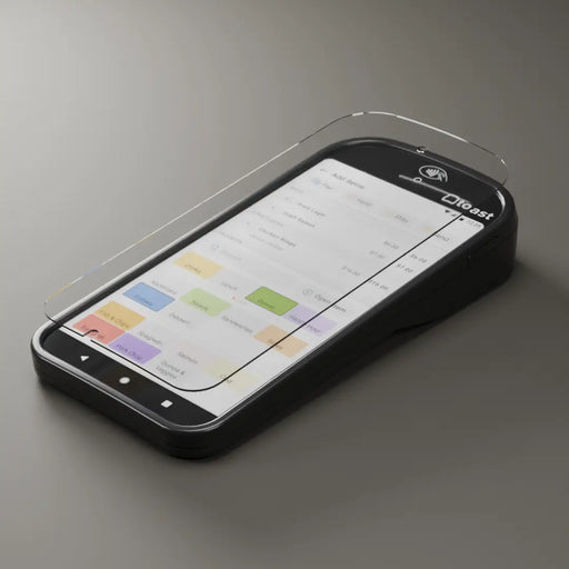 Angled Toast Go 2 payment terminal lying flat with tempered glass screen protector positioned above the display to demonstrate screen alignment.
