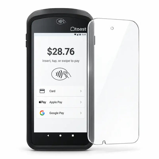 Front view of Toast Go 2 handheld payment terminal with Agoz tempered glass screen protector positioned beside the touchscreen on a white background.
