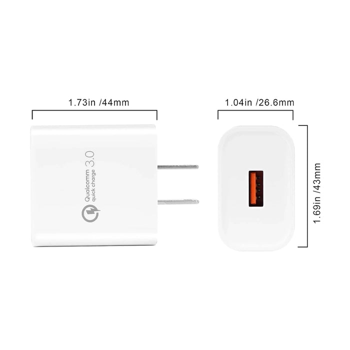White Quick Charge 3.0 USB wall charger showing compact dimensions of 1.73 by 1.69 by 1.04 inches and a single USB-A port.
