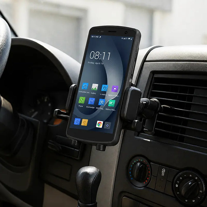 Urovo mobile computer secured in an air vent vehicle cradle holder inside a commercial vehicle dashboard.