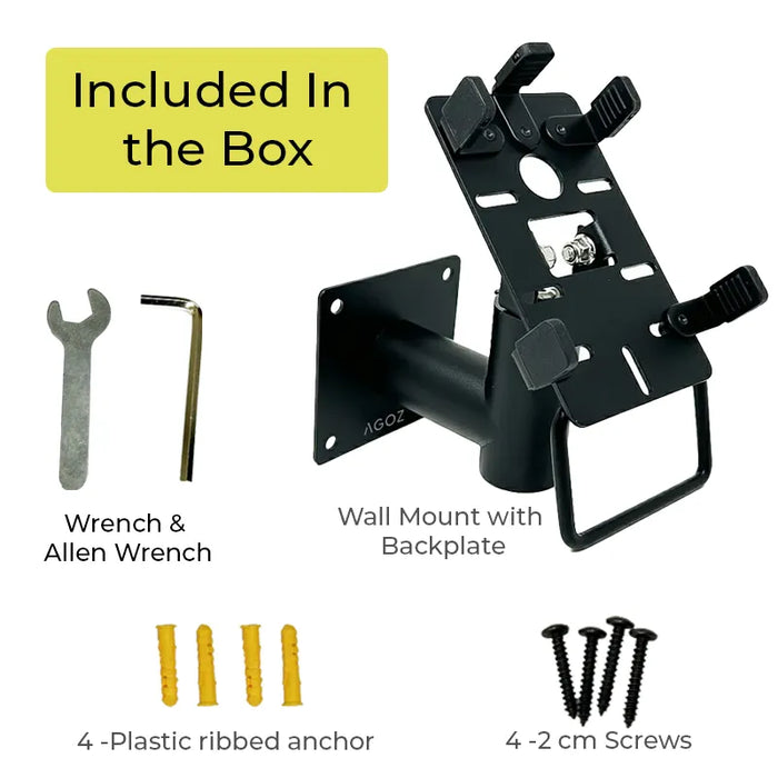 AgozTech wall mount POS stand kit with wall mount, backplate, wrench, Allen wrench, plastic anchors, and mounting screws