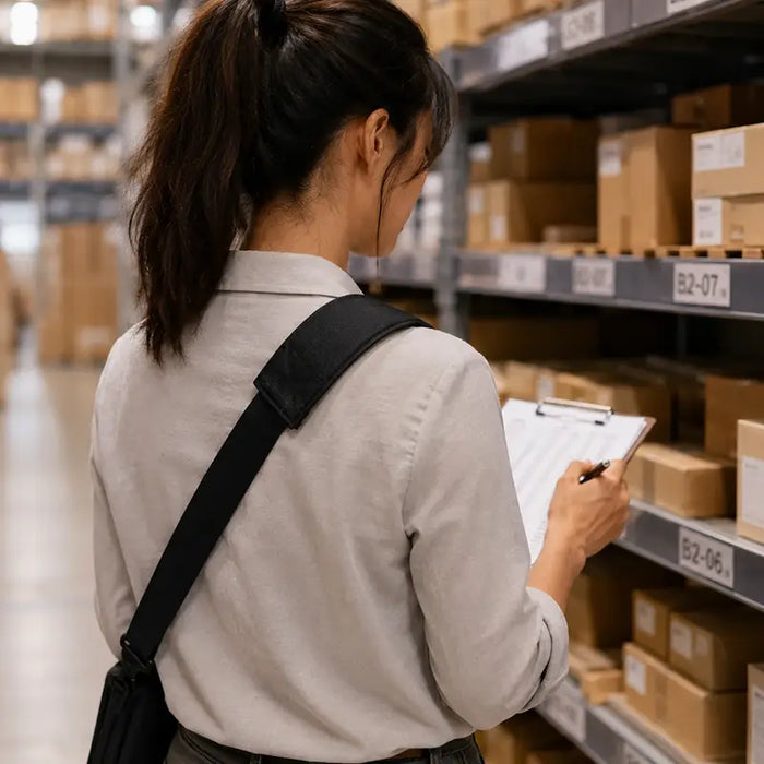 Worker wearing an AgozTech shoulder sling holster while checking inventory on warehouse shelving.