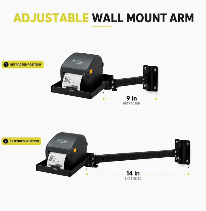 Agoz adjustable printer wall-mount arm shown in 9-inch retracted and 14-inch extended positions.