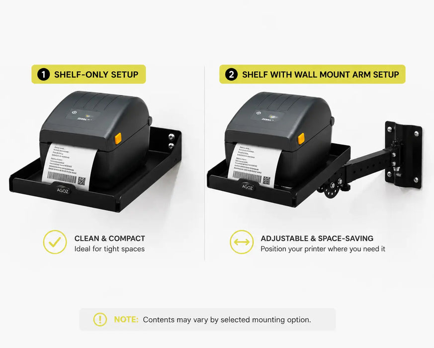 Comparison of the Agoz Zebra ZD621 printer shelf installed directly to a wall or with an adjustable swing arm.