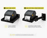 Comparison of the Agoz Zebra ZD621 printer shelf installed directly to a wall or with an adjustable swing arm.