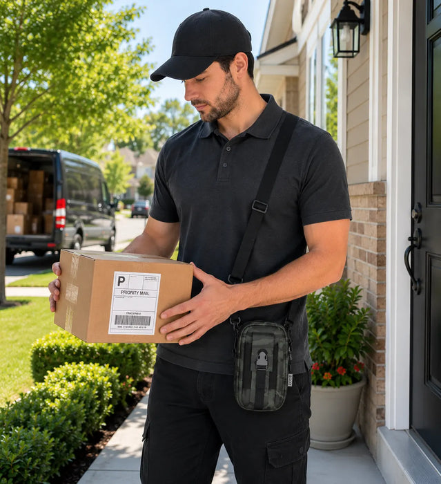 Man delivering a package outside a house with Zebra scanner crossbody case