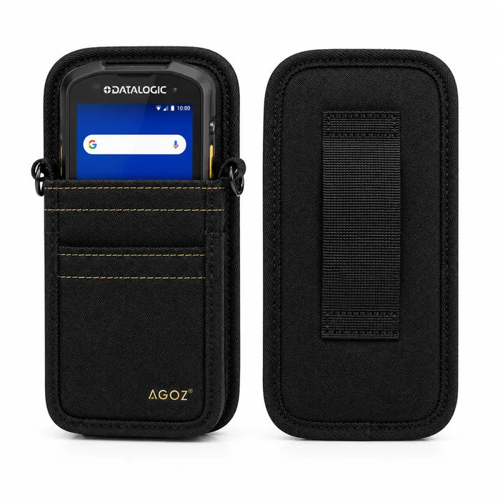 Black AGOZ scanner waist case shown from the front and back, holding a Datalogic handheld mobile computer with a reinforced belt loop.