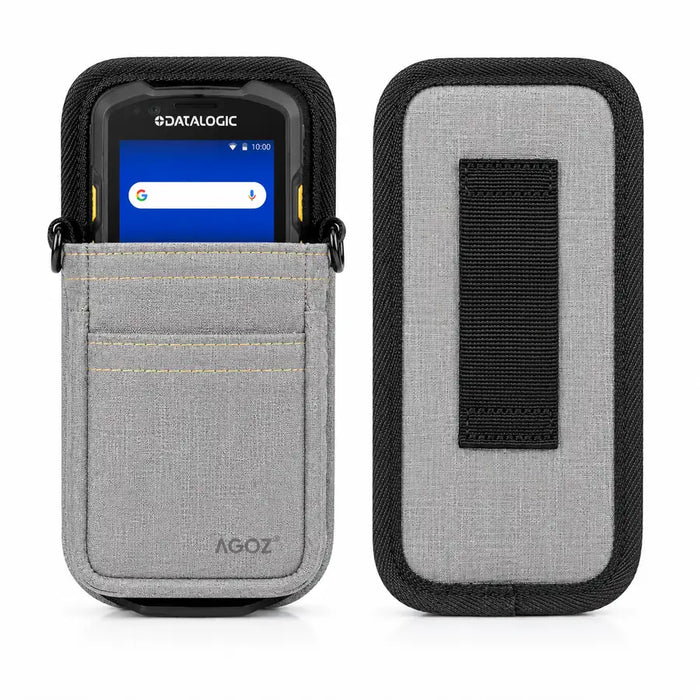 Gray AGOZ scanner waist case shown from the front and back, holding a Datalogic handheld mobile computer with a black belt loop.