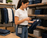 A retail employee with Agoz branding belt case for Elo handheld scanner is checking a price