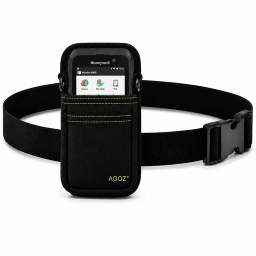 A Honeywell scanner handheld in a black waist case with a black belt strap on a white background