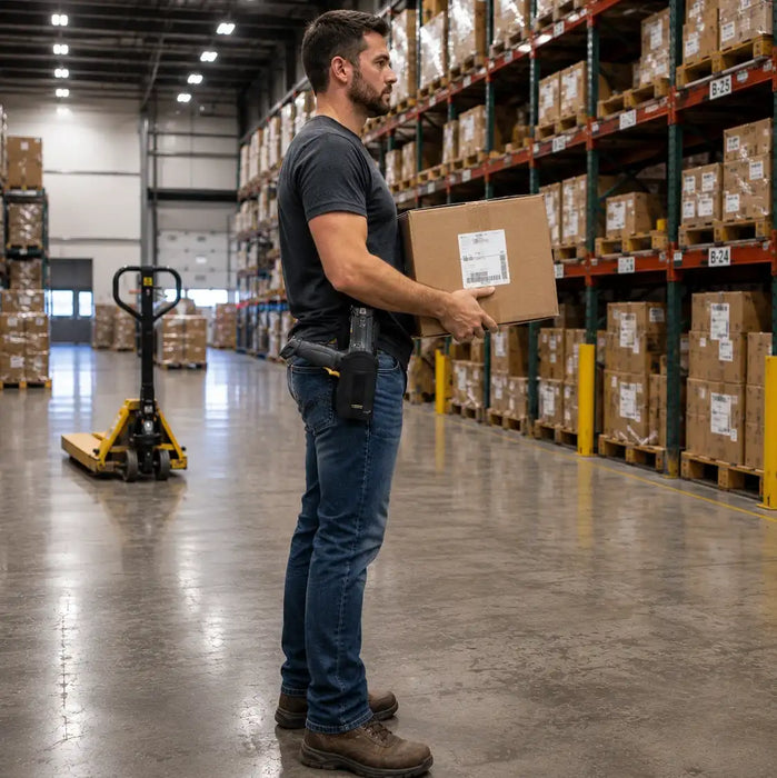 Warehouse employee with a Keyence mobile computer handle holster is carrying boxes in logistics environment 