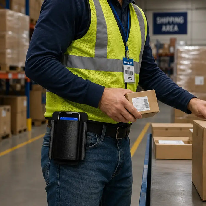 A man with a Honeywell scanner in a belt case is packing in a warehouse