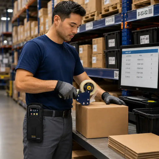 A man with Newland N7 in a belt holster is packing an order in a warehouse