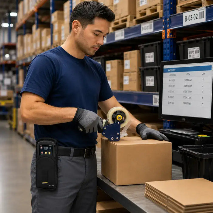 A man with Newland N7 in a belt holster is packing an order in a warehouse