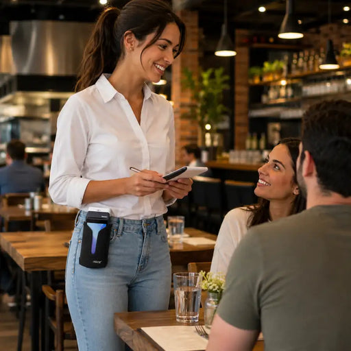 Female restaurant server talking with customers while carrying a Newland mobile POS device in a black AGOZ belt holster on light blue jeans